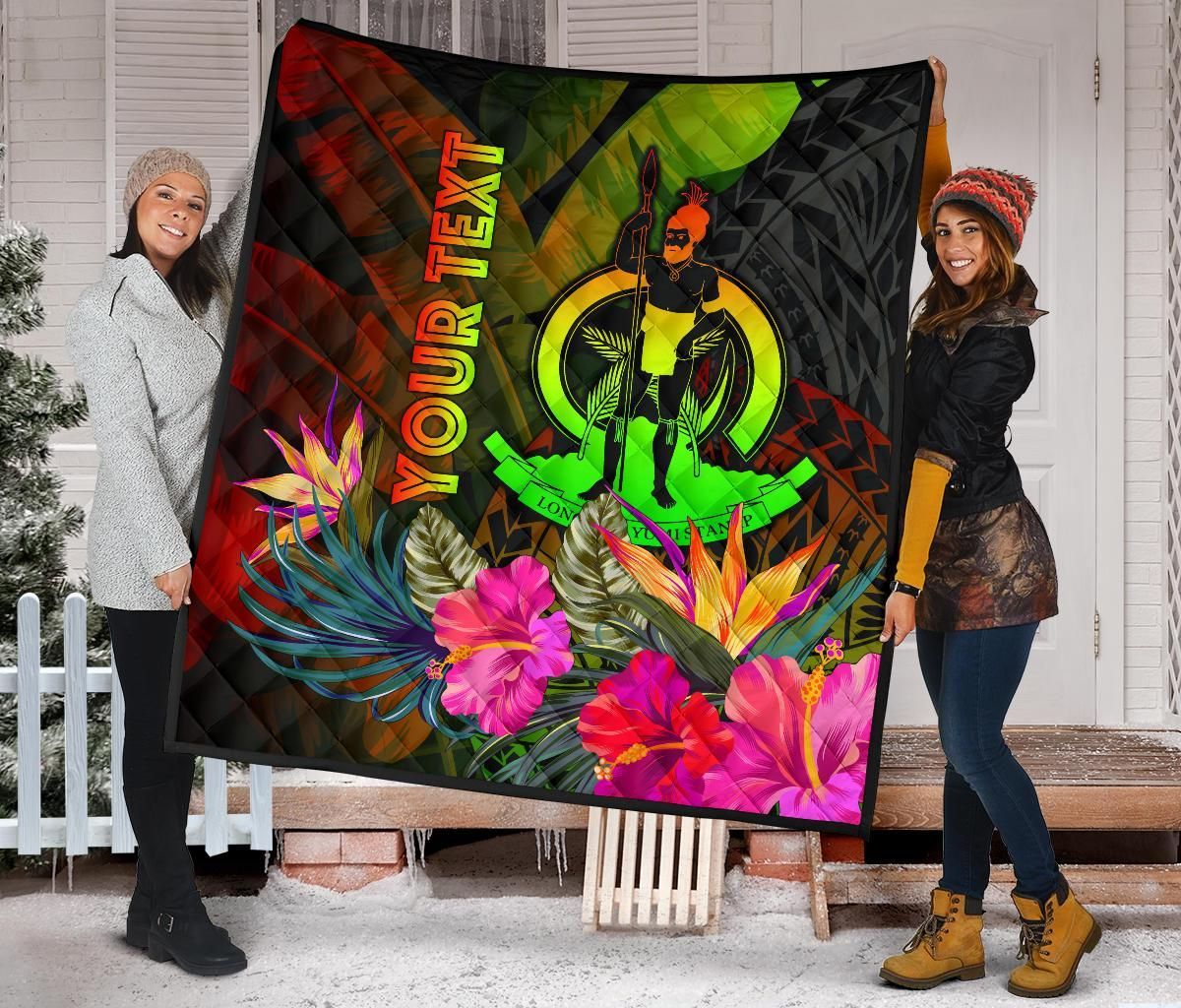 Vanuatu Polynesian Personalised Premium Quilt -  Hibiscus and Banana Leaves