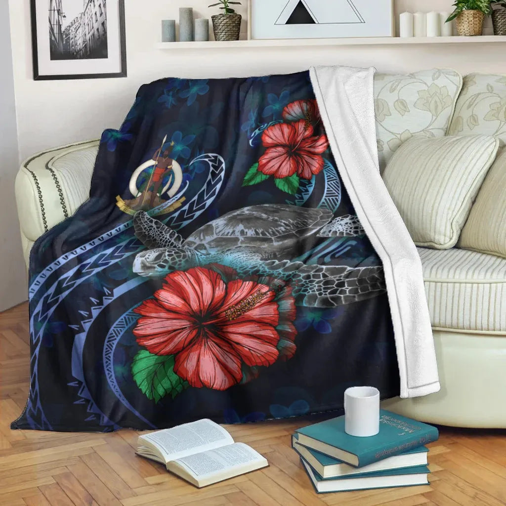 Vanuatu Polynesian Premium Blanket - Blue Turtle Hibiscus