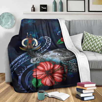 Vanuatu Polynesian Premium Blanket - Blue Turtle Hibiscus