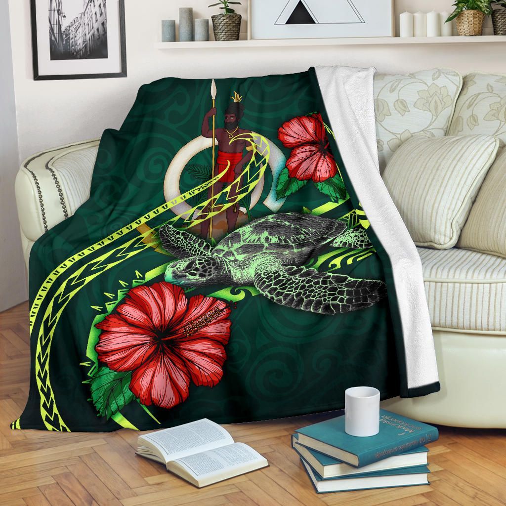 Vanuatu Polynesian Premium Blanket - Green Turtle Hibiscus