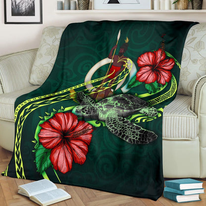 Vanuatu Polynesian Premium Blanket - Green Turtle Hibiscus