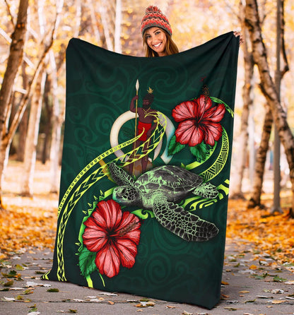 Vanuatu Polynesian Premium Blanket - Green Turtle Hibiscus