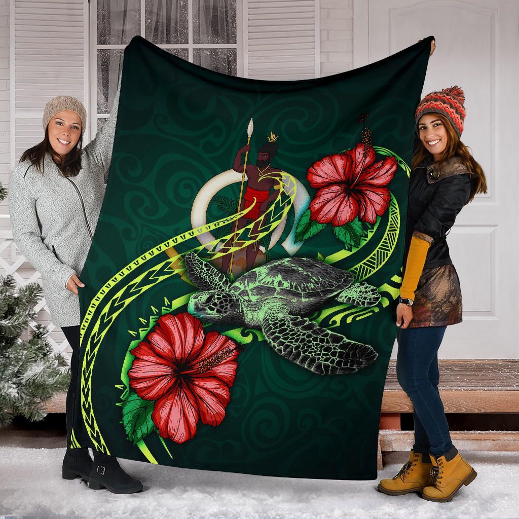 Vanuatu Polynesian Premium Blanket - Green Turtle Hibiscus