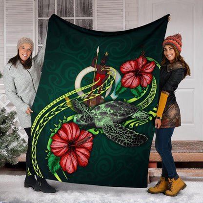 Vanuatu Polynesian Premium Blanket - Green Turtle Hibiscus