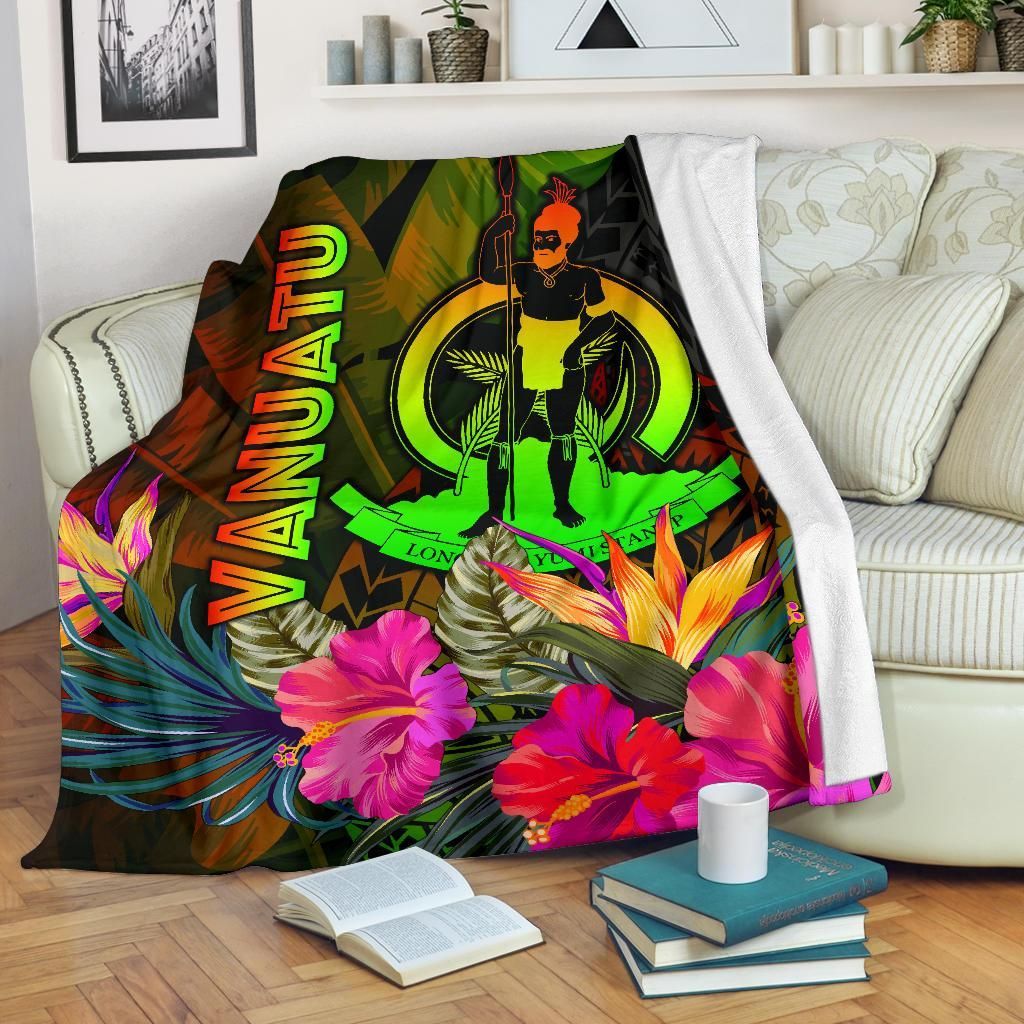 Vanuatu Polynesian Premium Blanket -  Hibiscus and Banana Leaves
