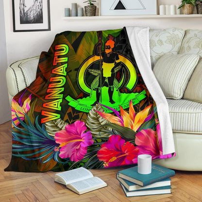 Vanuatu Polynesian Premium Blanket -  Hibiscus and Banana Leaves