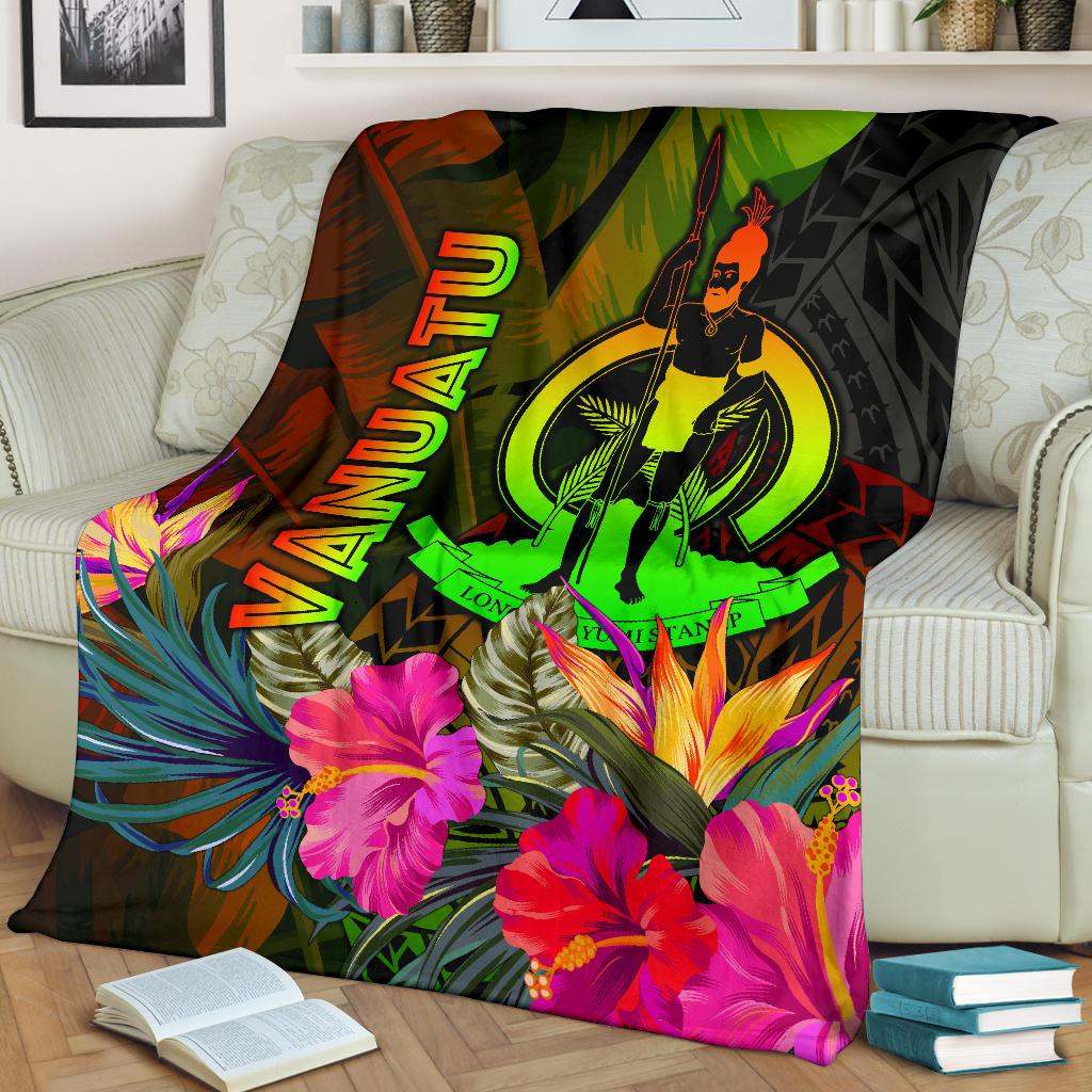 Vanuatu Polynesian Premium Blanket -  Hibiscus and Banana Leaves