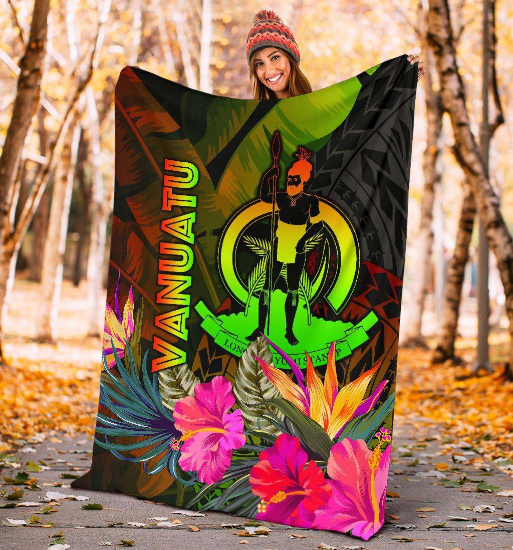 Vanuatu Polynesian Premium Blanket -  Hibiscus and Banana Leaves