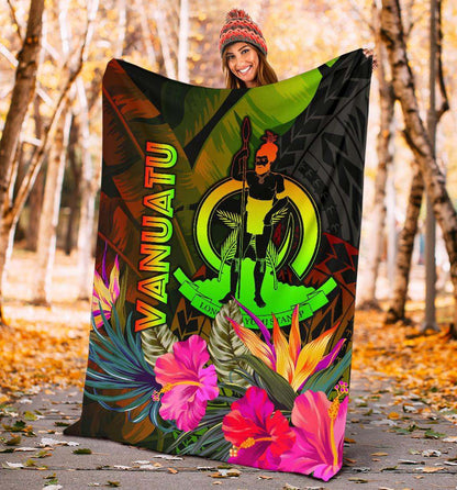 Vanuatu Polynesian Premium Blanket -  Hibiscus and Banana Leaves