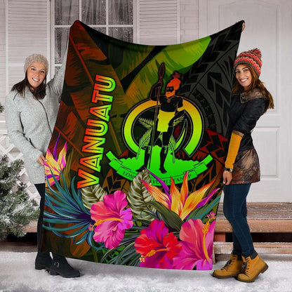 Vanuatu Polynesian Premium Blanket -  Hibiscus and Banana Leaves
