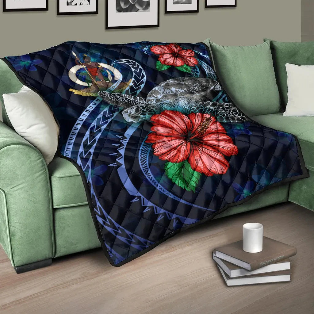 Vanuatu Polynesian Premium Quilt - Blue Turtle Hibiscus