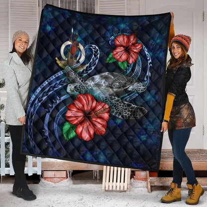 Vanuatu Polynesian Premium Quilt - Blue Turtle Hibiscus