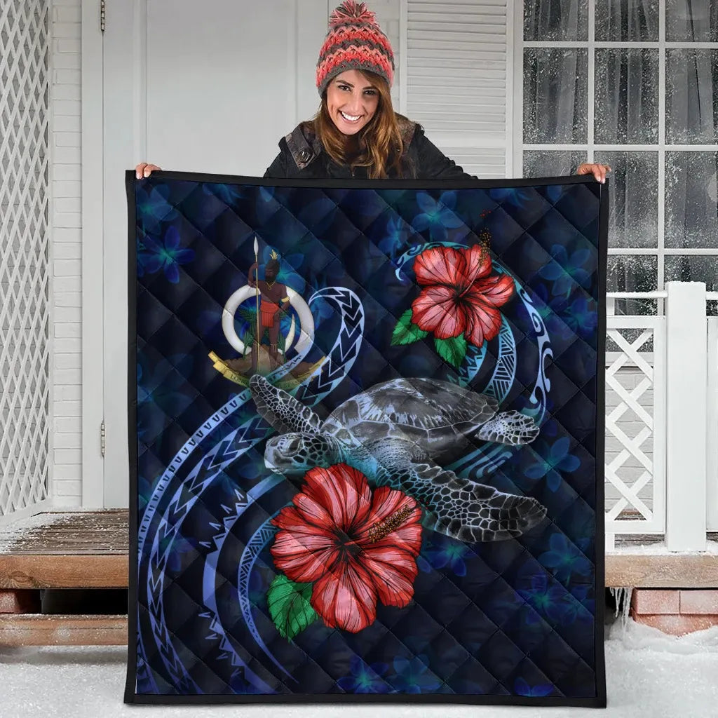 Vanuatu Polynesian Premium Quilt - Blue Turtle Hibiscus
