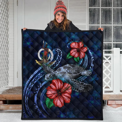 Vanuatu Polynesian Premium Quilt - Blue Turtle Hibiscus