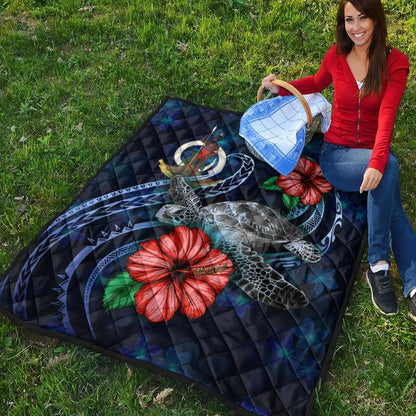 Vanuatu Polynesian Premium Quilt - Blue Turtle Hibiscus