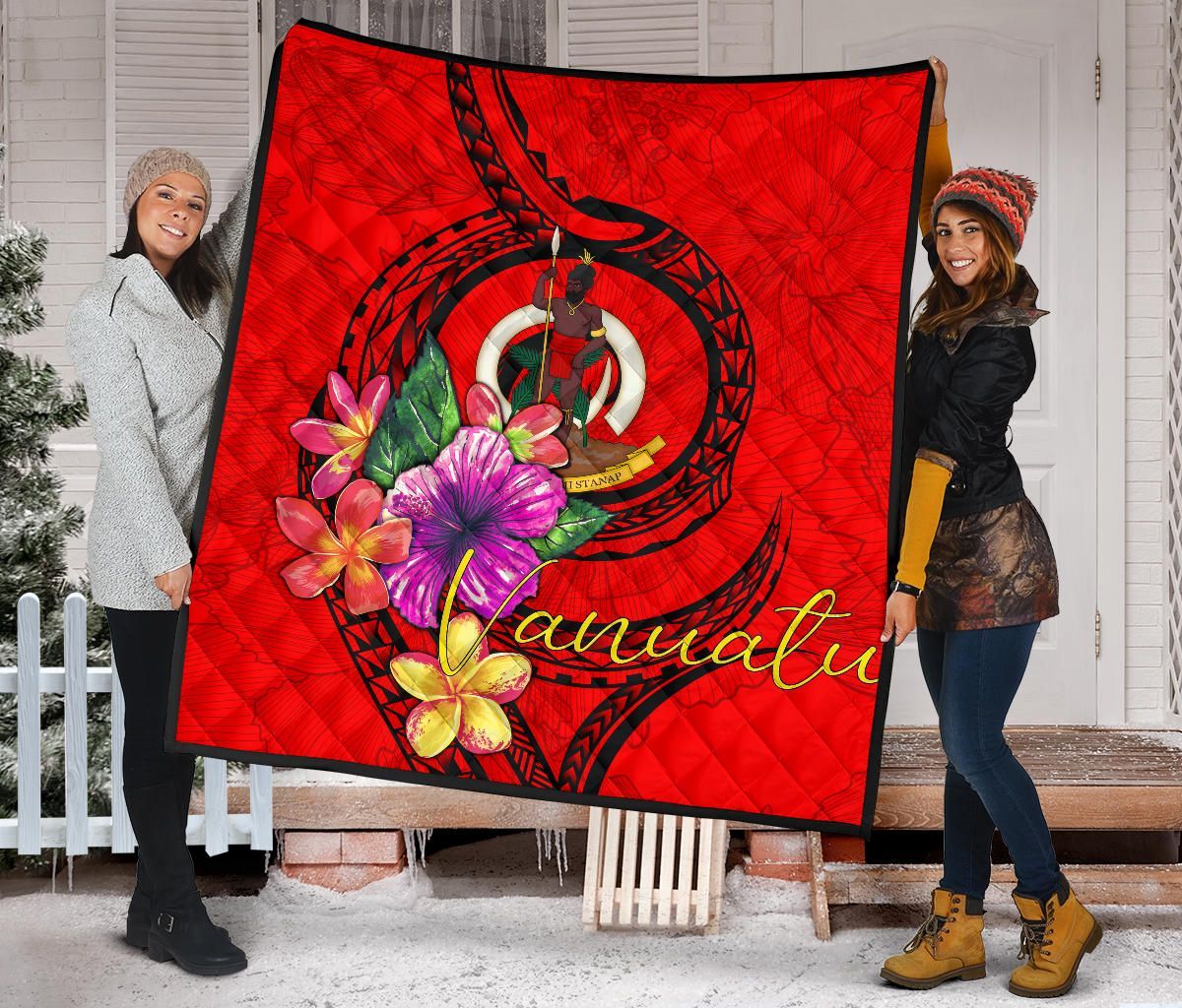 Vanuatu Polynesian Premium Quilt - Floral With Seal Red