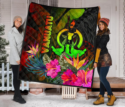 Vanuatu Polynesian Premium Quilt -  Hibiscus and Banana Leaves