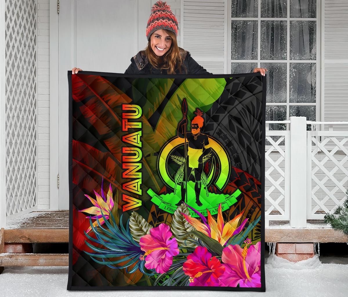 Vanuatu Polynesian Premium Quilt -  Hibiscus and Banana Leaves