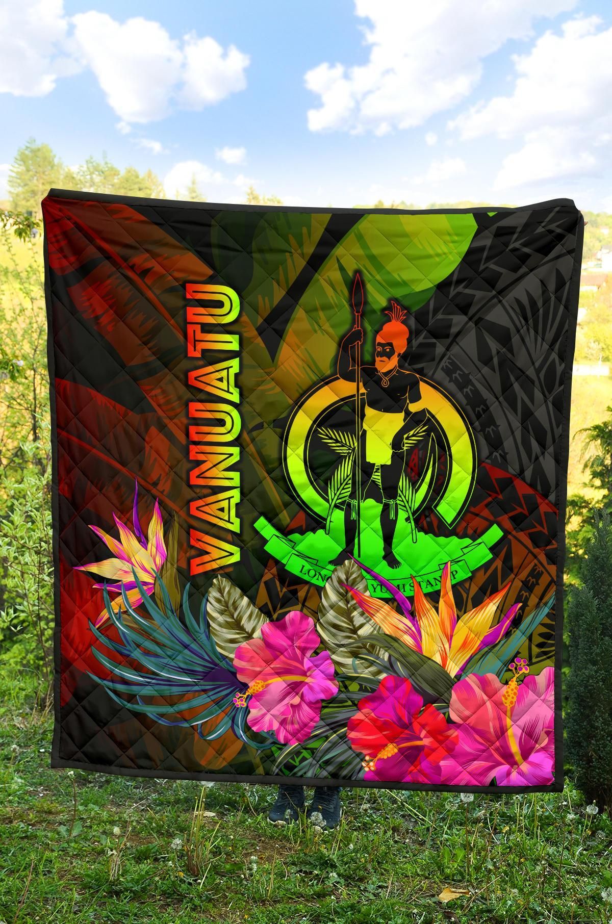 Vanuatu Polynesian Premium Quilt -  Hibiscus and Banana Leaves