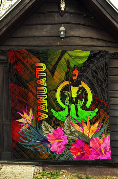 Vanuatu Polynesian Premium Quilt -  Hibiscus and Banana Leaves
