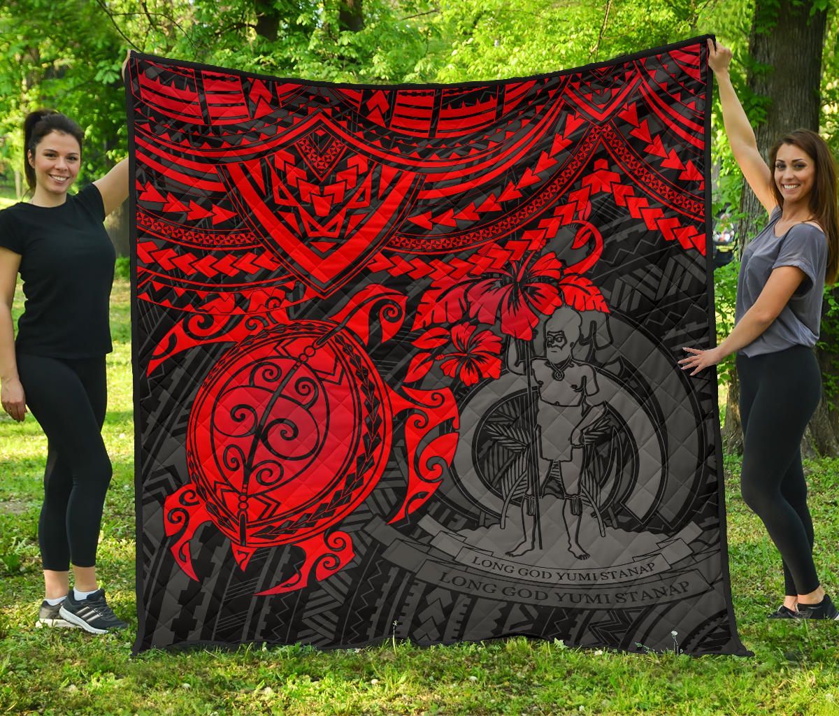 Vanuatu Polynesian Premium Quilt - Vanuatu Coat Of Arms & Red Turtle Hibiscus