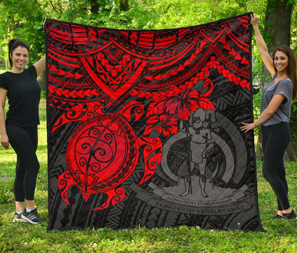 Vanuatu Polynesian Premium Quilt - Vanuatu Coat Of Arms & Red Turtle Hibiscus
