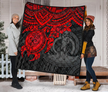 Vanuatu Polynesian Premium Quilt - Vanuatu Coat Of Arms & Red Turtle Hibiscus