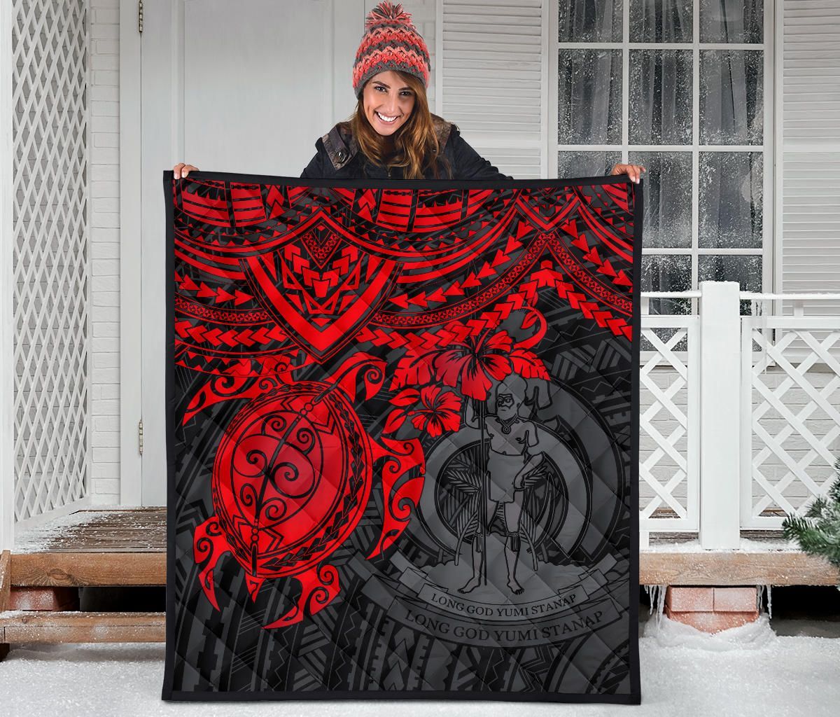 Vanuatu Polynesian Premium Quilt - Vanuatu Coat Of Arms & Red Turtle Hibiscus