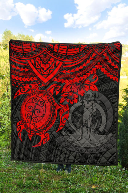 Vanuatu Polynesian Premium Quilt - Vanuatu Coat Of Arms & Red Turtle Hibiscus