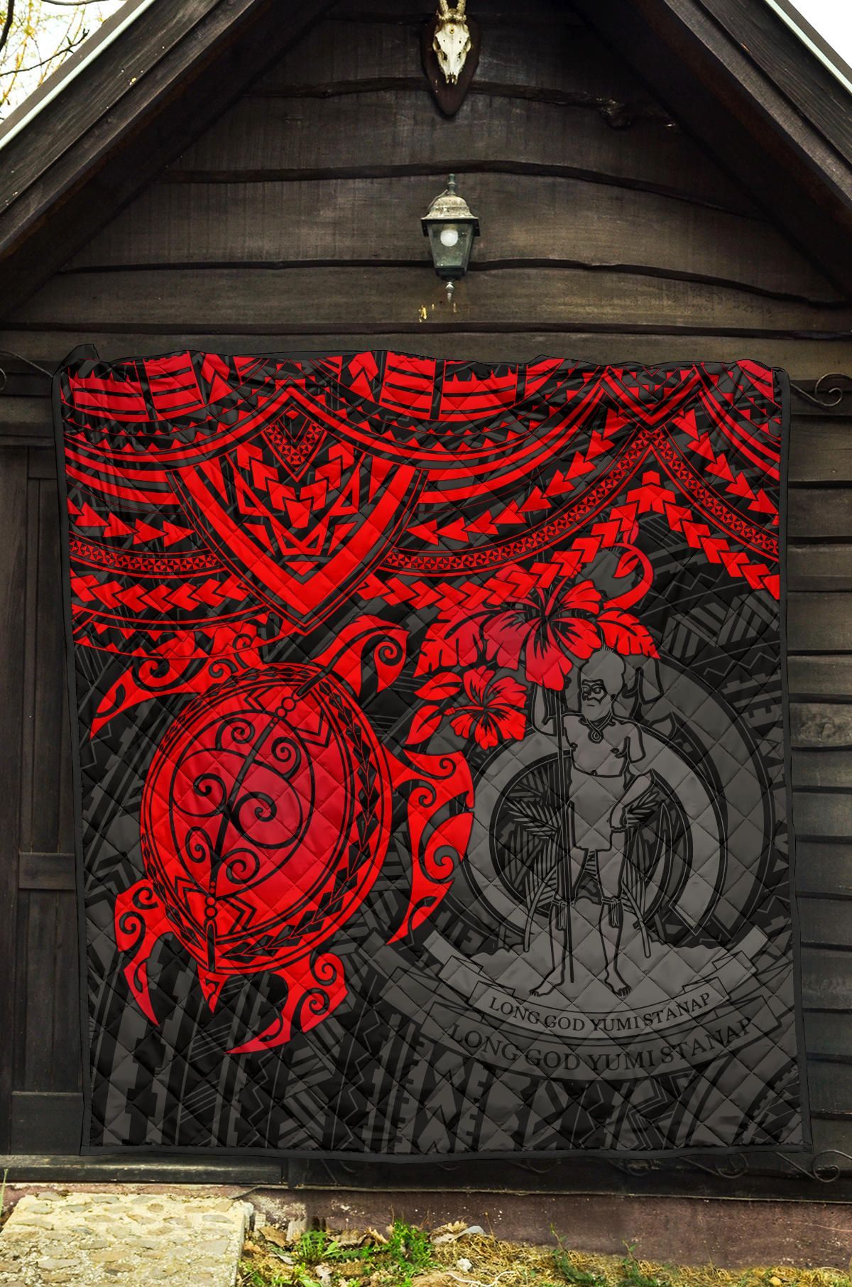 Vanuatu Polynesian Premium Quilt - Vanuatu Coat Of Arms & Red Turtle Hibiscus