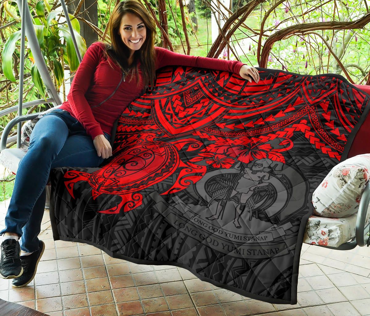 Vanuatu Polynesian Premium Quilt - Vanuatu Coat Of Arms & Red Turtle Hibiscus