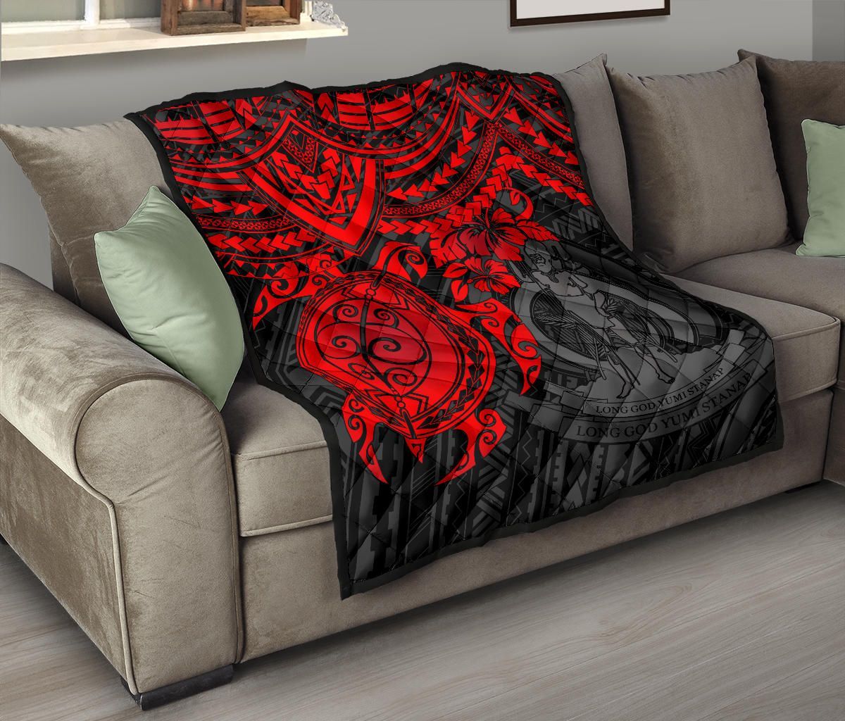 Vanuatu Polynesian Premium Quilt - Vanuatu Coat Of Arms & Red Turtle Hibiscus