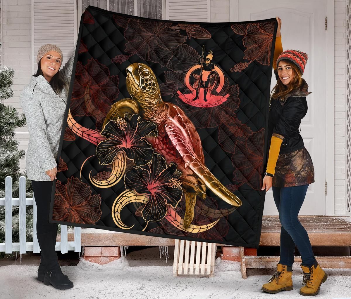 Vanuatu Polynesian Premium Quilt - Turtle With Blooming Hibiscus Gold