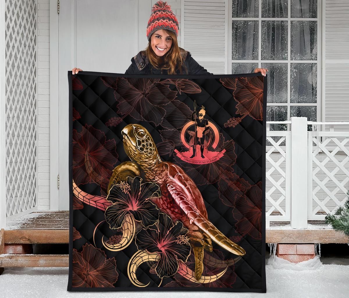 Vanuatu Polynesian Premium Quilt - Turtle With Blooming Hibiscus Gold