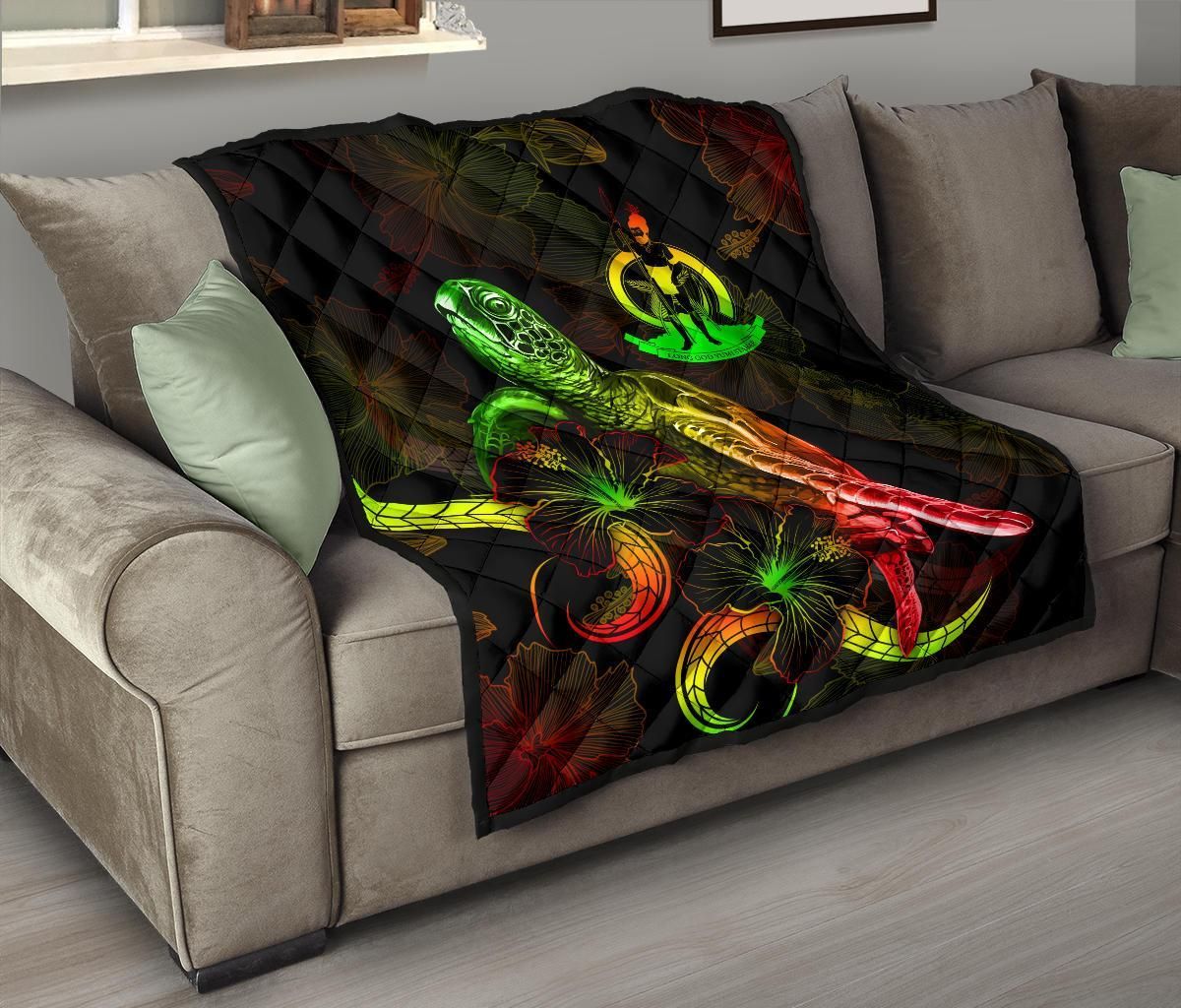 Vanuatu Polynesian Premium Quilt - Turtle With Blooming Hibiscus Reggae