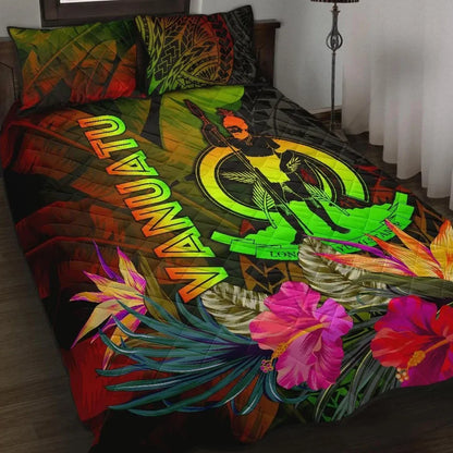 Vanuatu Polynesian Quilt Bed Set - Hibiscus and Banana Leaves