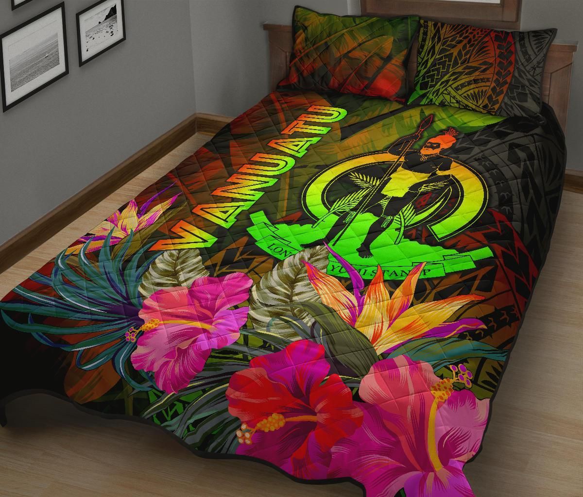 Vanuatu Polynesian Quilt Bed Set - Hibiscus and Banana Leaves