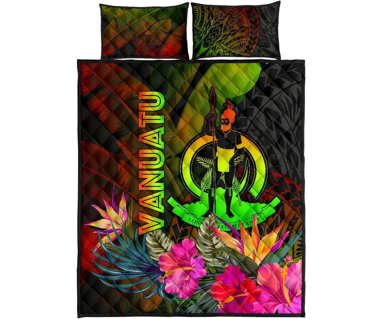 Vanuatu Polynesian Quilt Bed Set - Hibiscus and Banana Leaves