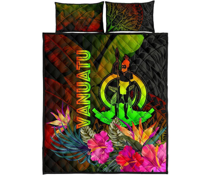 Vanuatu Polynesian Quilt Bed Set - Hibiscus and Banana Leaves
