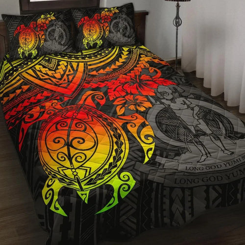 Vanuatu Polynesian Quilt Bed Set - Vanuatu Coat Of Arms & Reggae Turtle Hibiscus