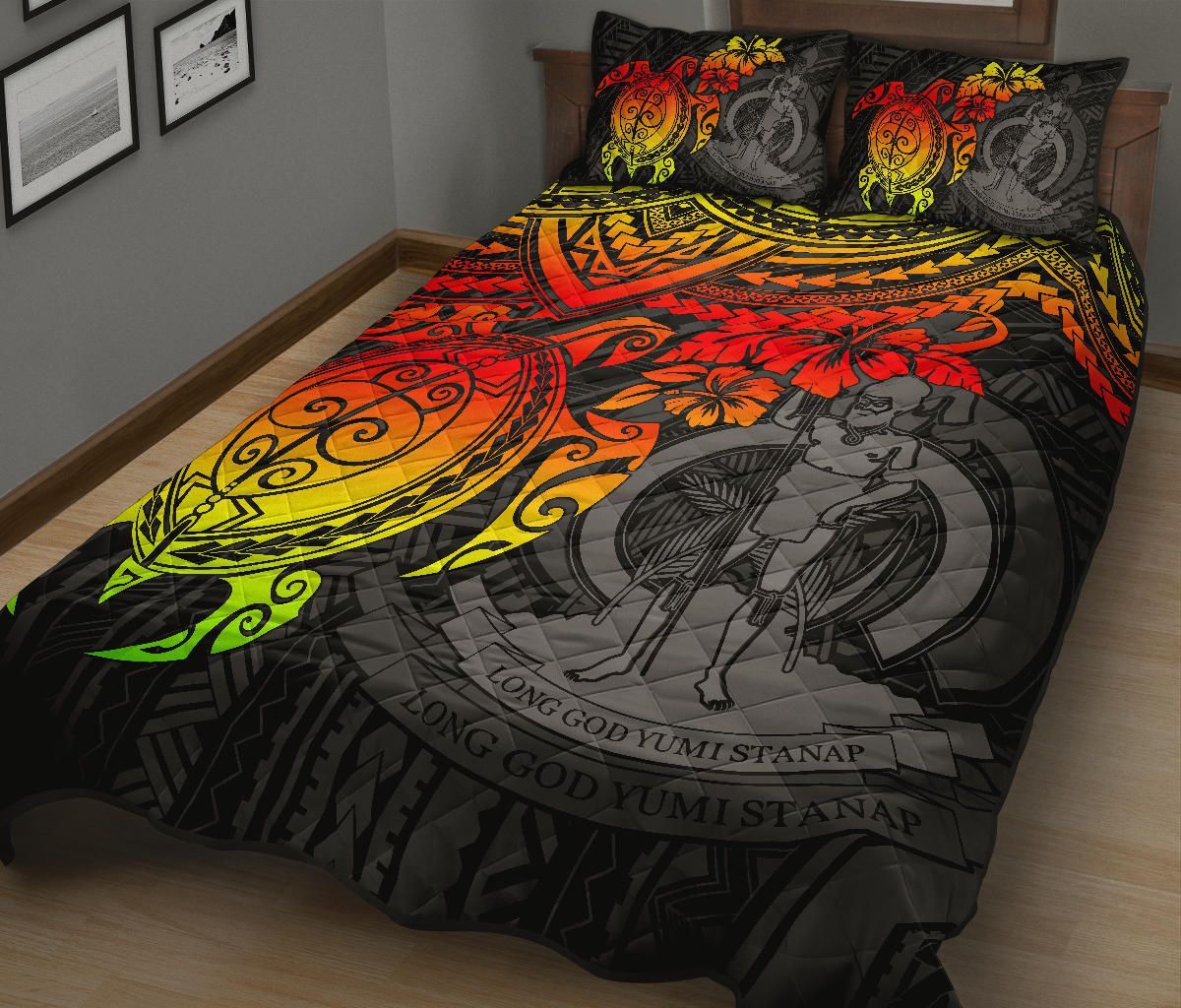 Vanuatu Polynesian Quilt Bed Set - Vanuatu Coat Of Arms & Reggae Turtle Hibiscus