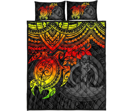 Vanuatu Polynesian Quilt Bed Set - Vanuatu Coat Of Arms & Reggae Turtle Hibiscus