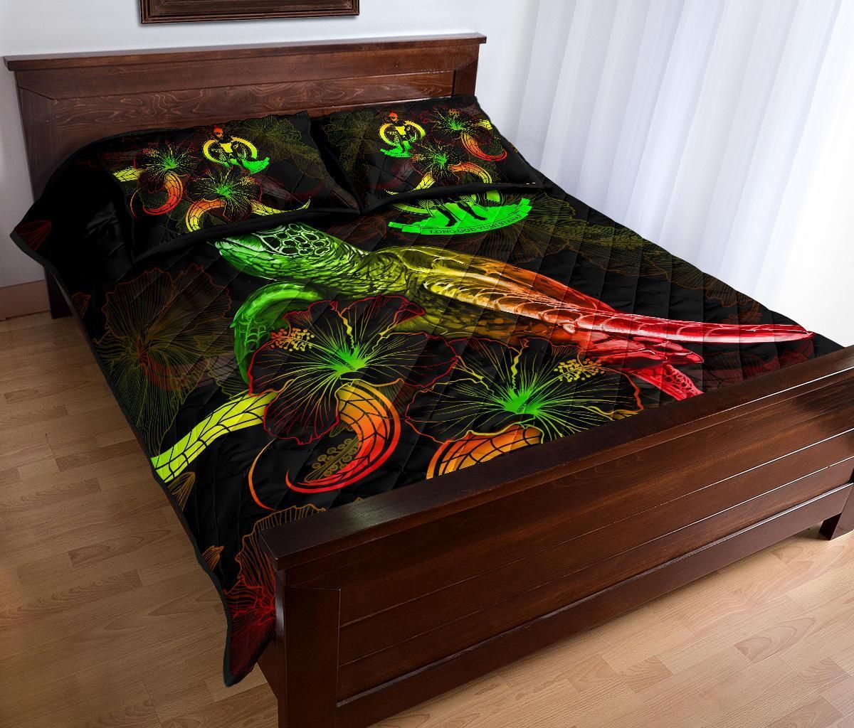 Vanuatu Polynesian Quilt Bed Set - Turtle With Blooming Hibiscus Reggae