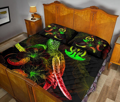 Vanuatu Polynesian Quilt Bed Set - Turtle With Blooming Hibiscus Reggae