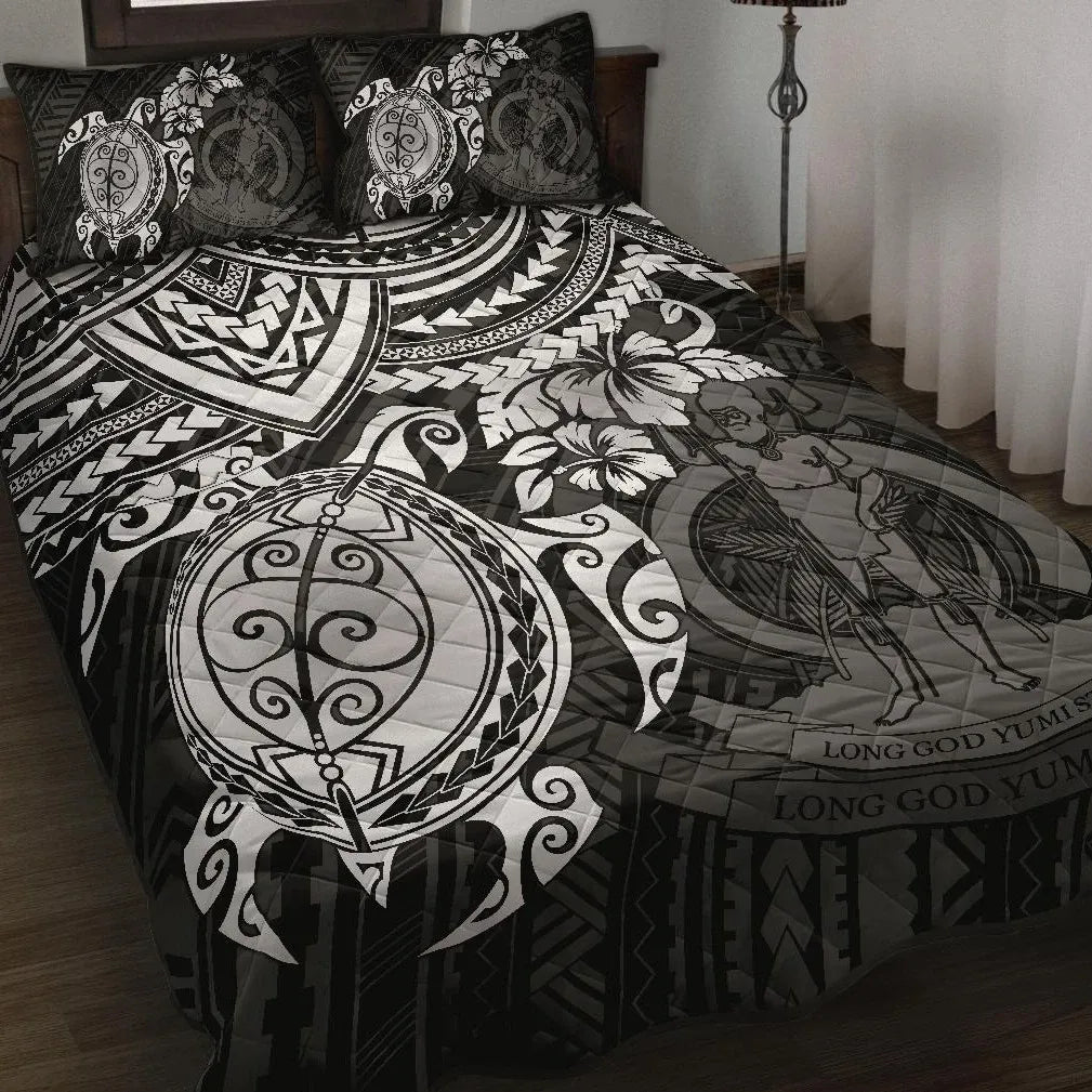 Vanuatu Polynesian Quilt Bed Set - Vanuatu Coat Of Arms & White Turtle Hibiscus