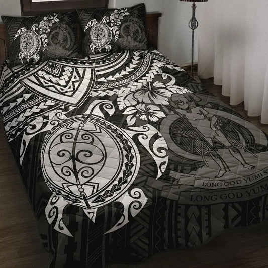 Vanuatu Polynesian Quilt Bed Set - Vanuatu Coat Of Arms & White Turtle Hibiscus