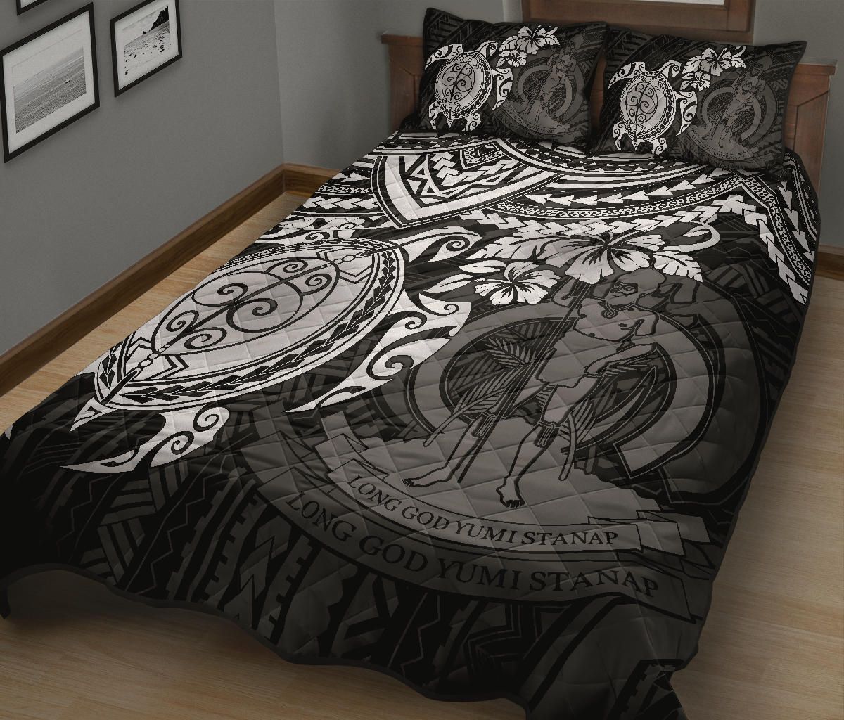Vanuatu Polynesian Quilt Bed Set - Vanuatu Coat Of Arms & White Turtle Hibiscus