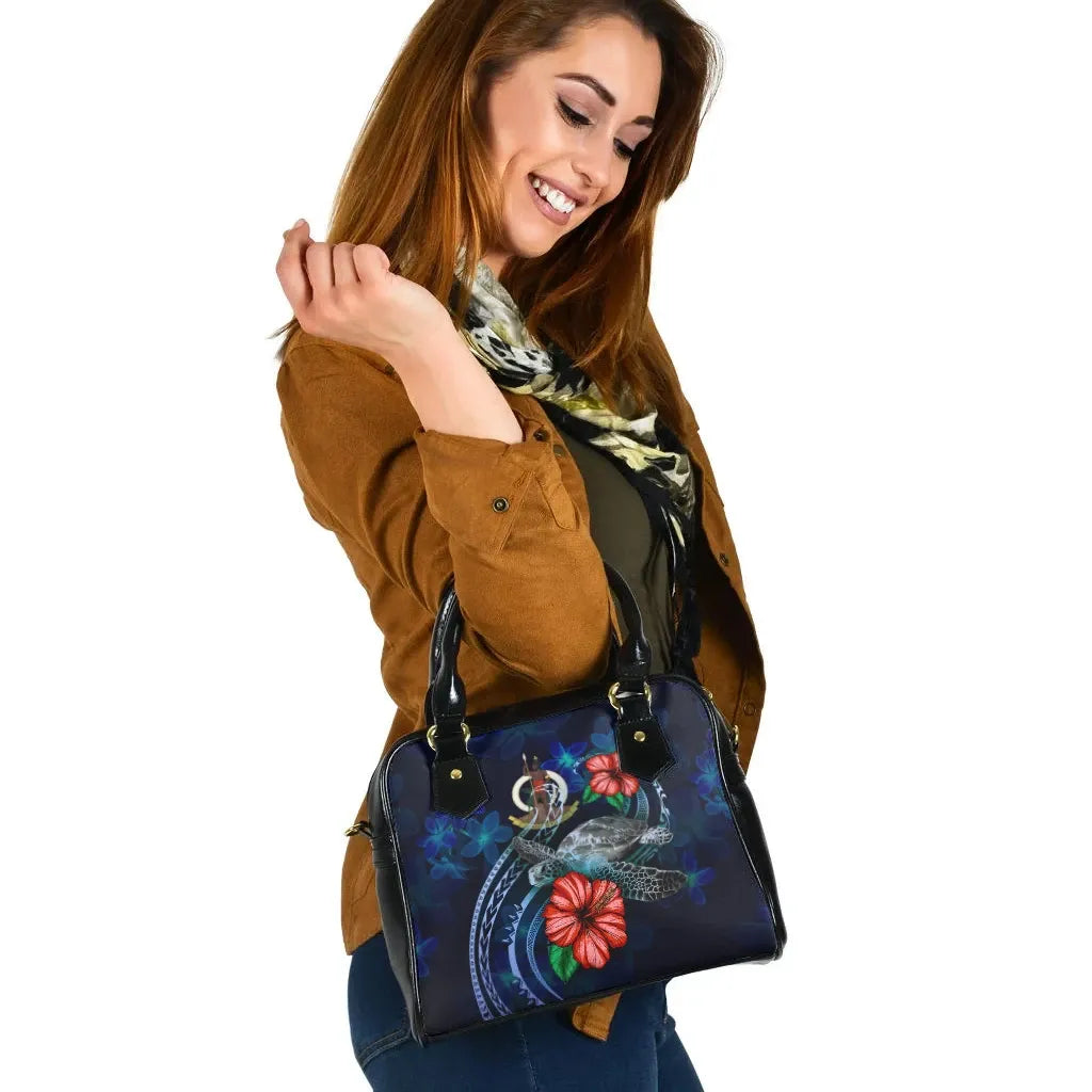 Vanuatu Polynesian Shoulder Hand Bag - Blue Turtle Hibiscus