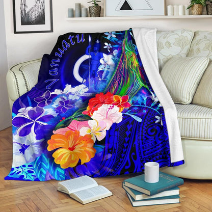 Vanuatu Premium Blanket- Humpback Whale with Tropical Flowers (Blue)
