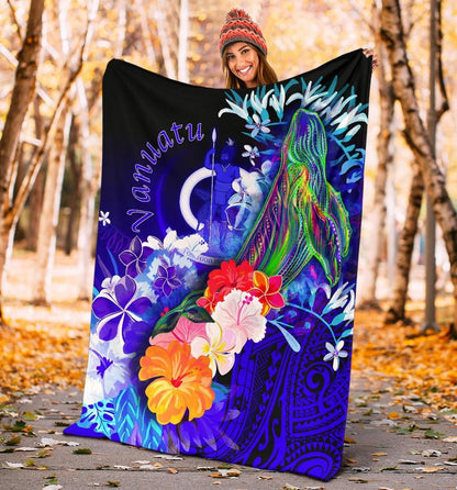 Vanuatu Premium Blanket- Humpback Whale with Tropical Flowers (Blue)